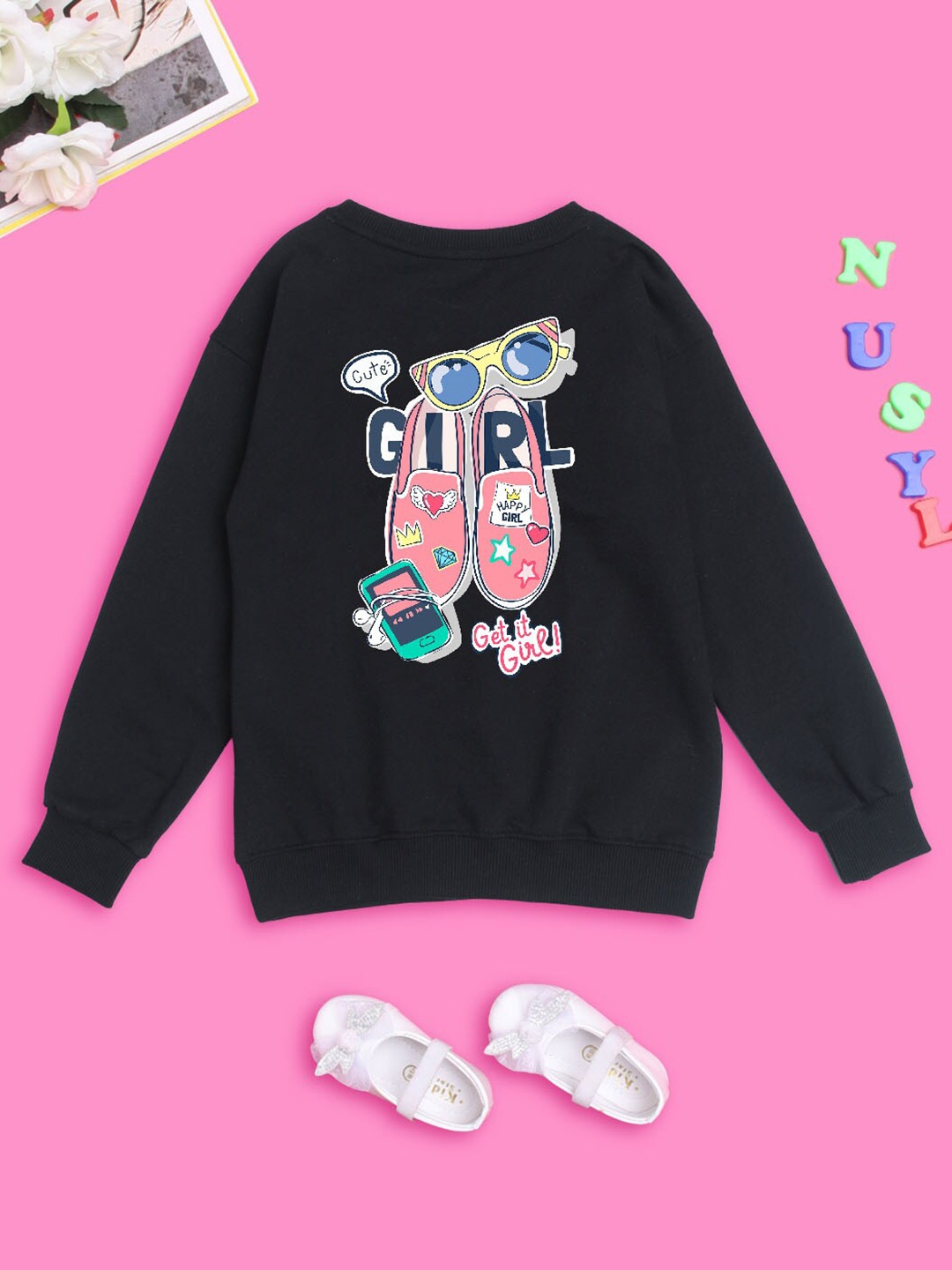 

NUSYL Girls Graphic Printed Oversized Sweatshirt, Black