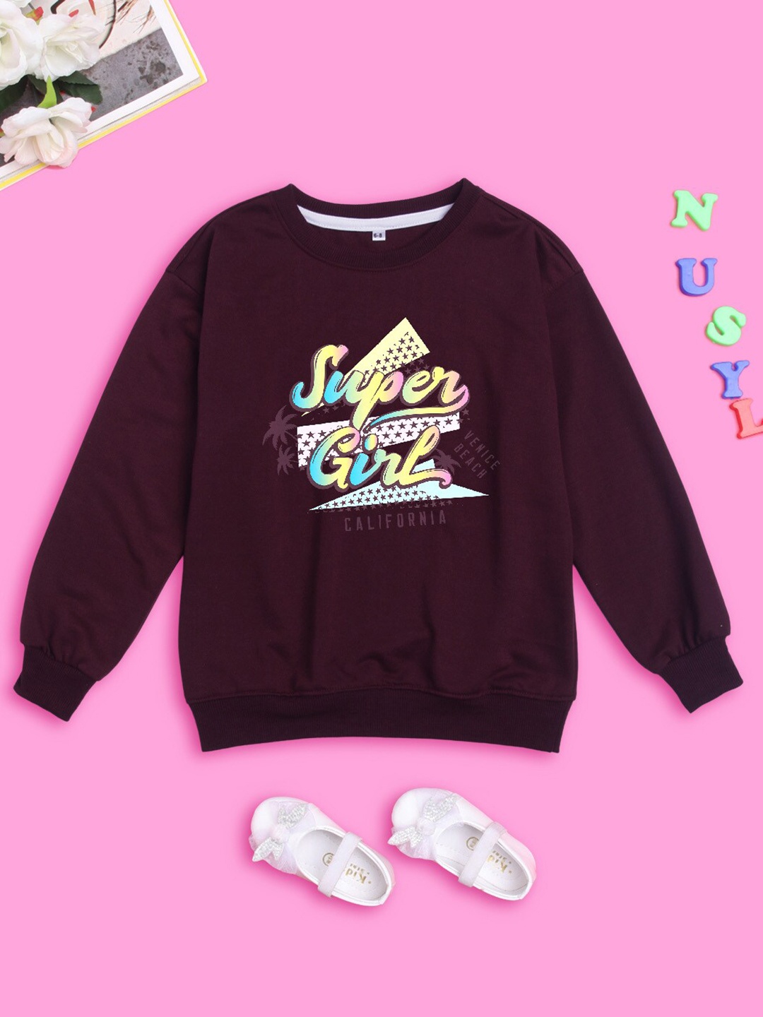

NUSYL Girls Typography Printed Oversized Fleece Sweatshirt, Burgundy