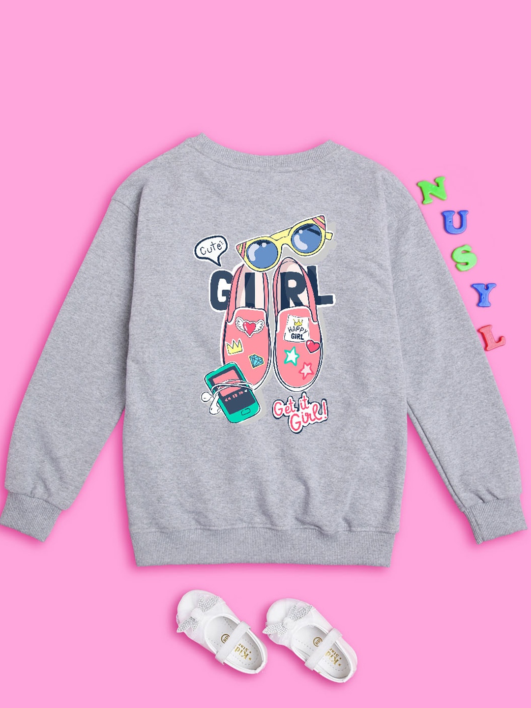 

NUSYL Girls Graphic Printed Oversized Fleece Sweatshirt, Grey