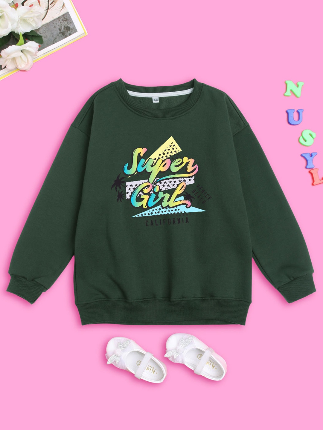 

NUSYL Girls Printed Oversized Sweatshirt, Green