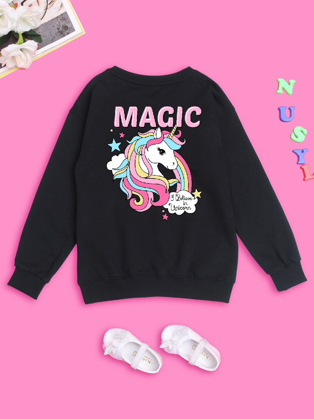 

NUSYL Girls Graphic Printed Oversized Fleece Sweatshirt, Black