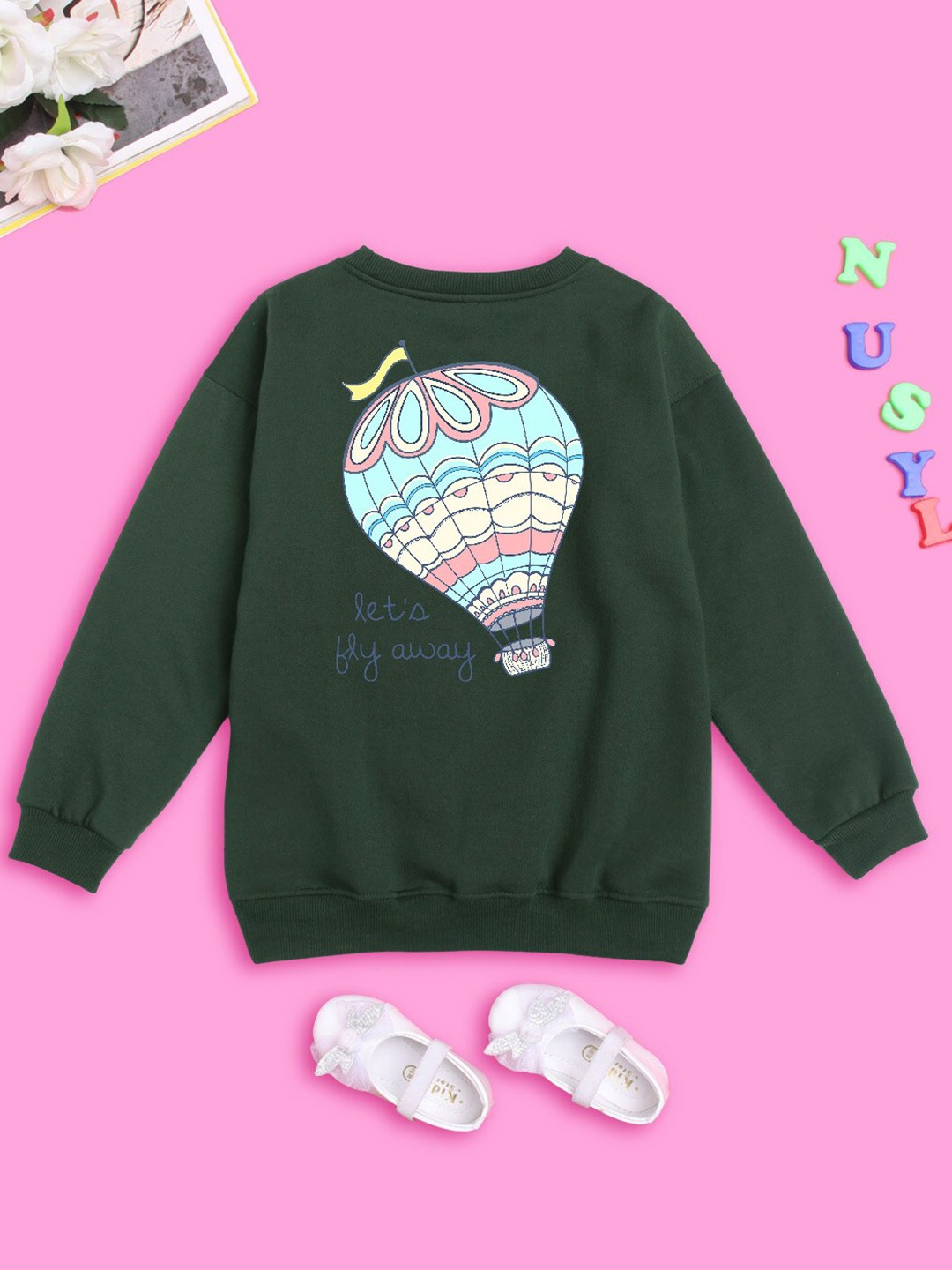 

NUSYL Girls Graphic Printed Round Neck Oversized Sweatshirt, Green