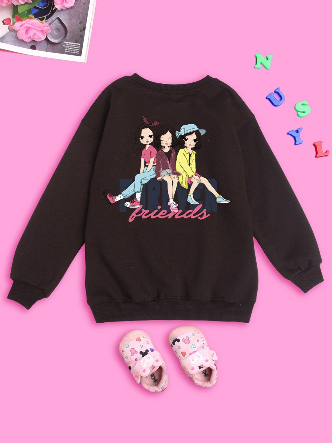

NUSYL Girls Printed Oversized Sweatshirt, Brown