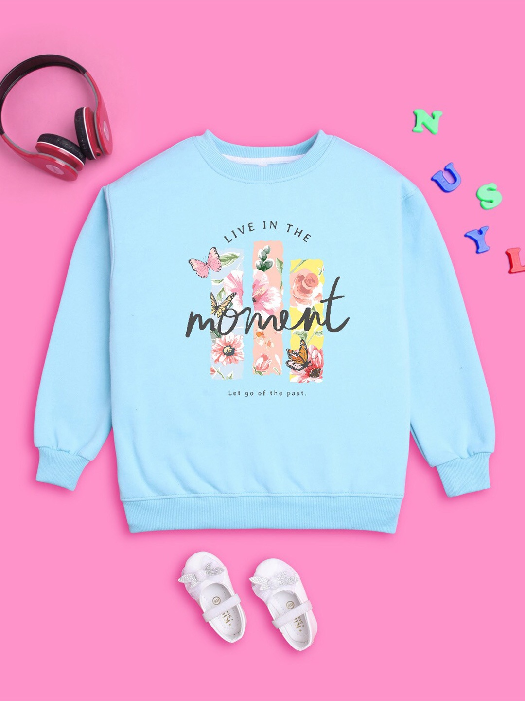 

NUSYL Girls Graphic Printed Oversized Fleece Sweatshirt, Blue