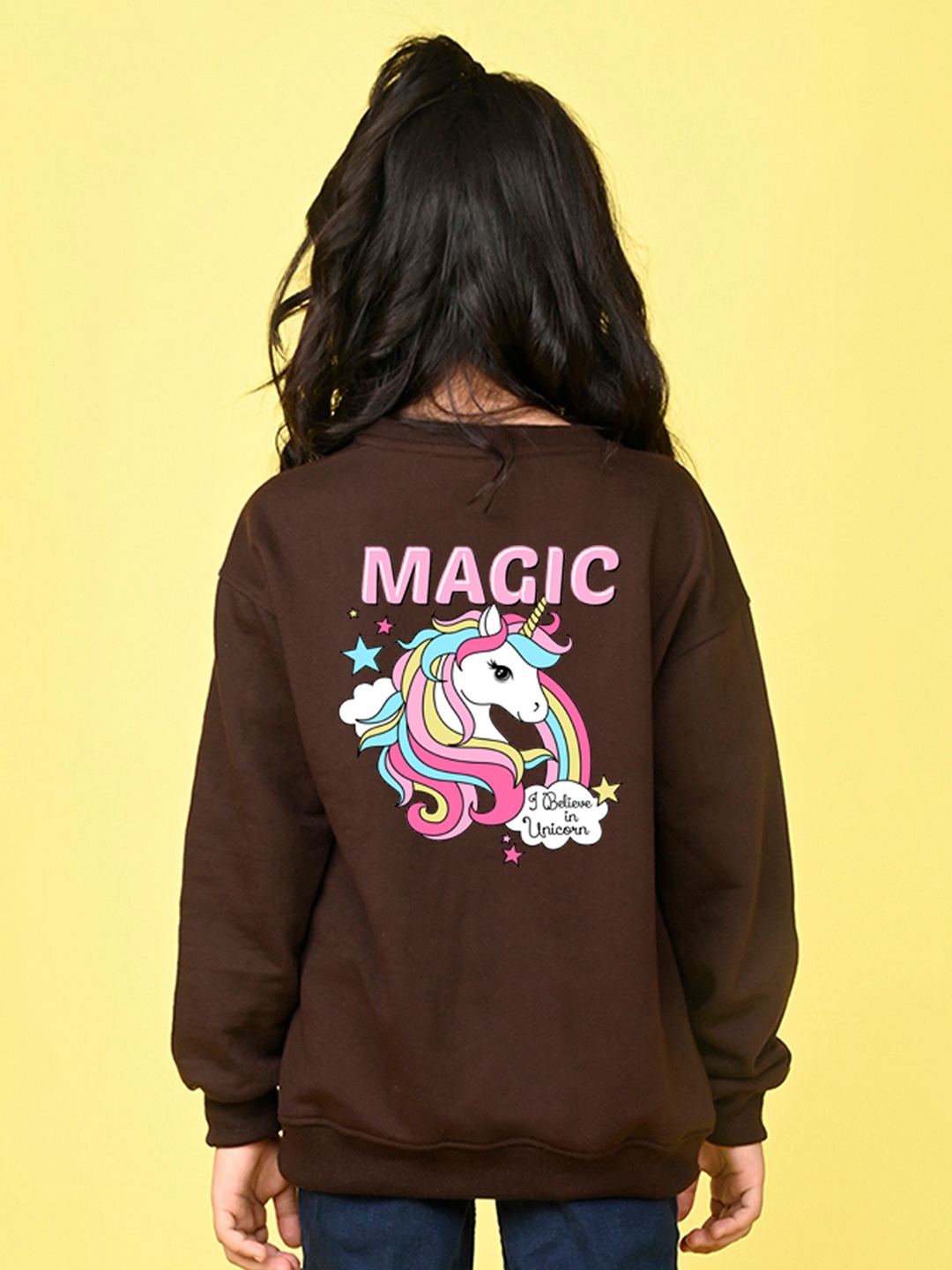 NUSYL Girls Unicorn Printed Oversized Fleece Sweatshirt, Brown
