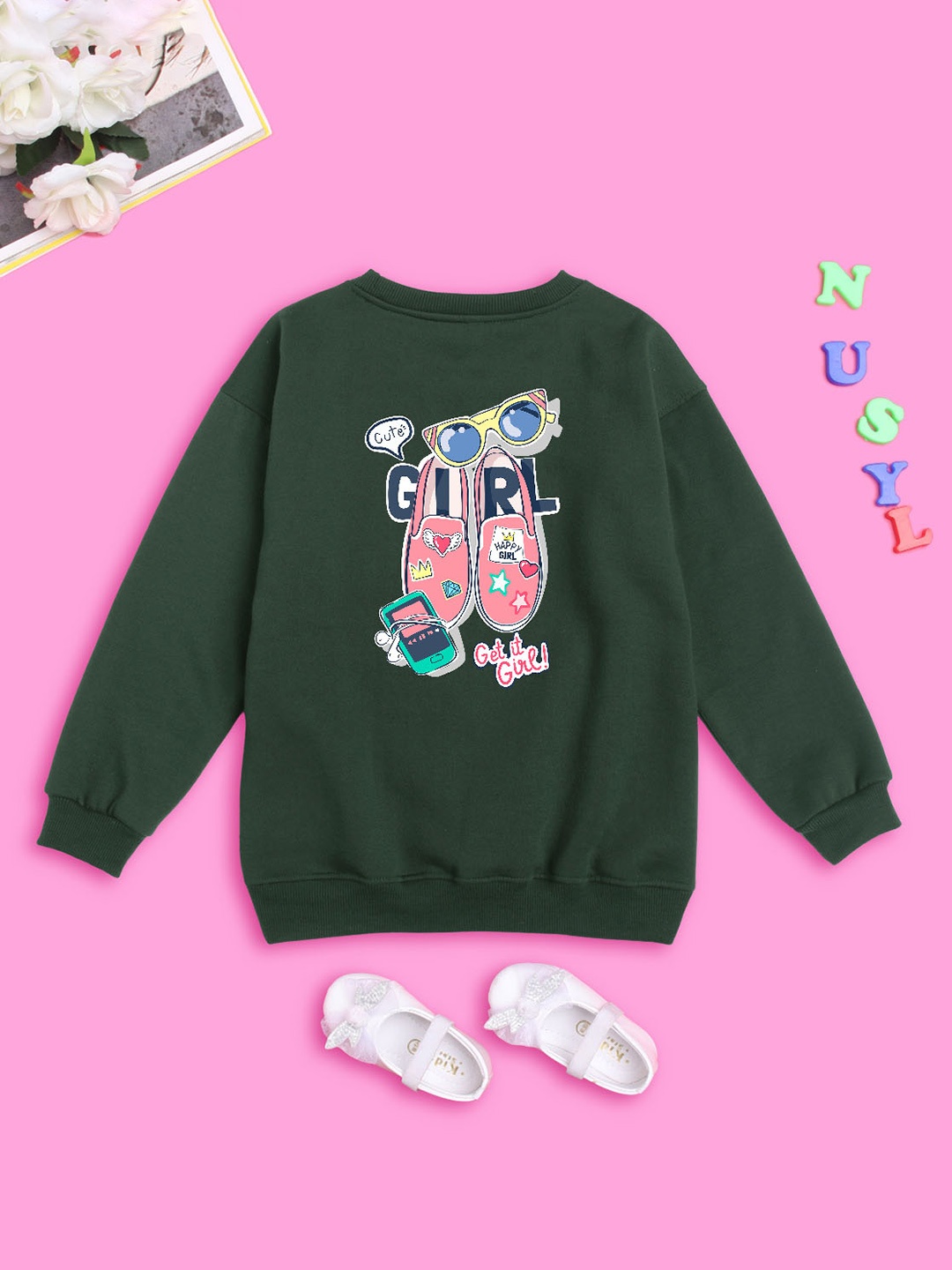 

NUSYL Girls Graphic Printed Oversized Fleece Sweatshirt, Green