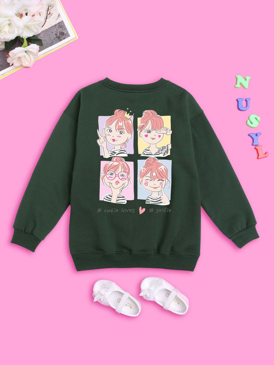 

NUSYL Girls Printed Round Neck Sweatshirt, Olive