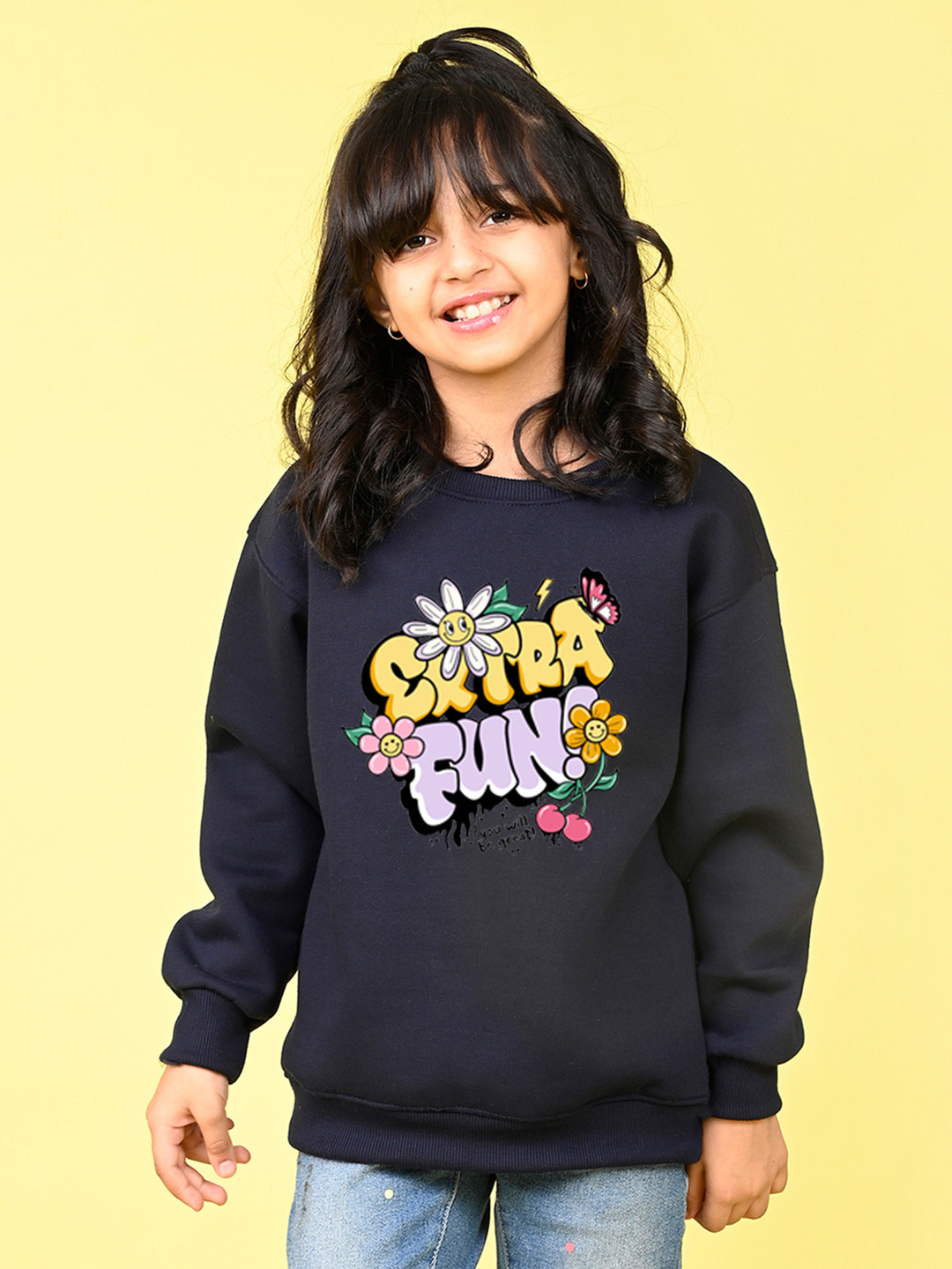 

NUSYL Girls Printed Oversized Fleece Sweatshirt, Navy blue