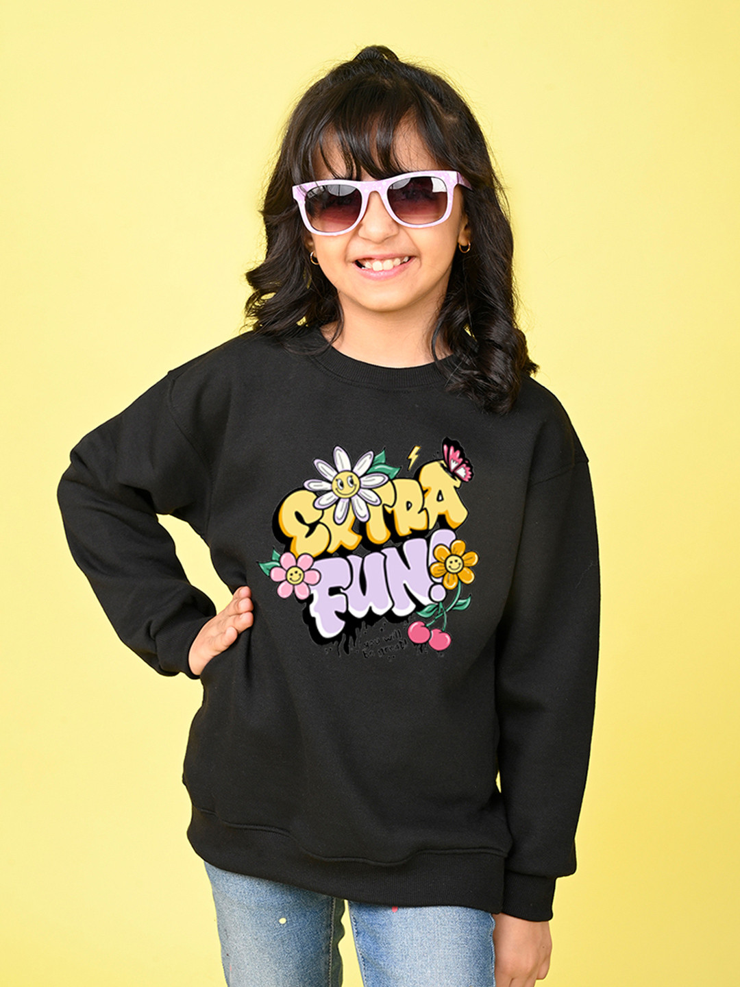 

NUSYL Girls Typography Printed Oversized Fleece Pullover, Black