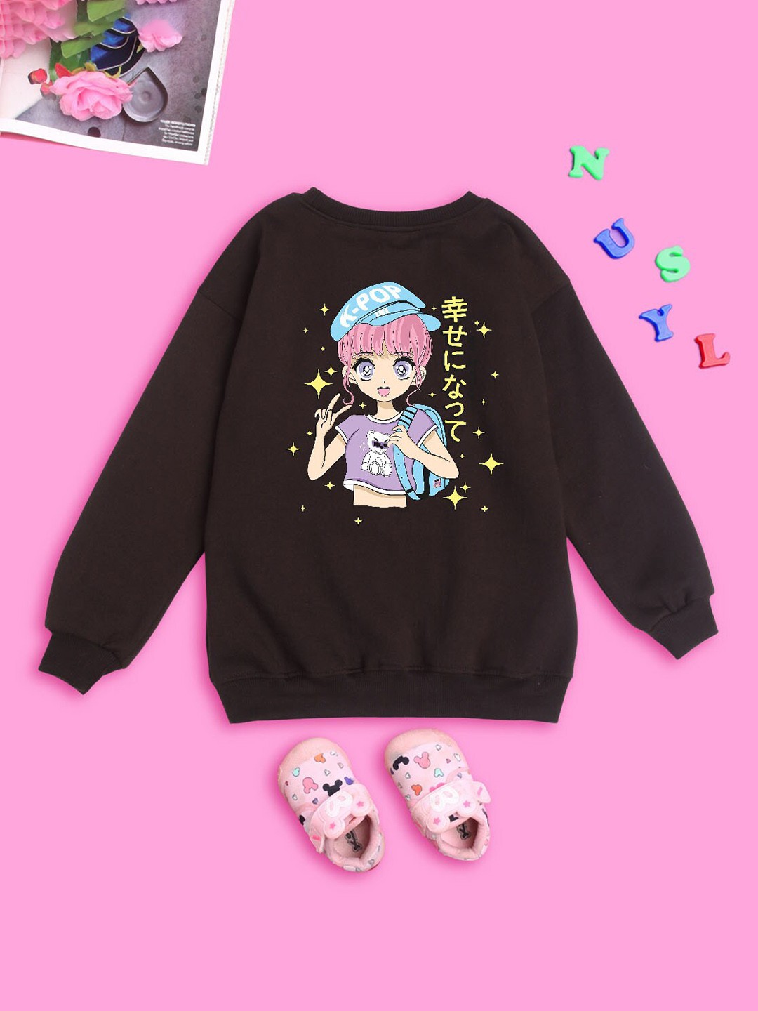 

NUSYL Girls Graphic Printed Oversized Sweatshirt, Brown