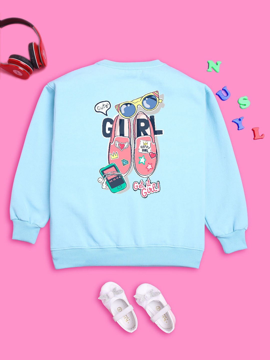 

NUSYL Girls Graphic Printed Oversized Sweatshirt, Blue
