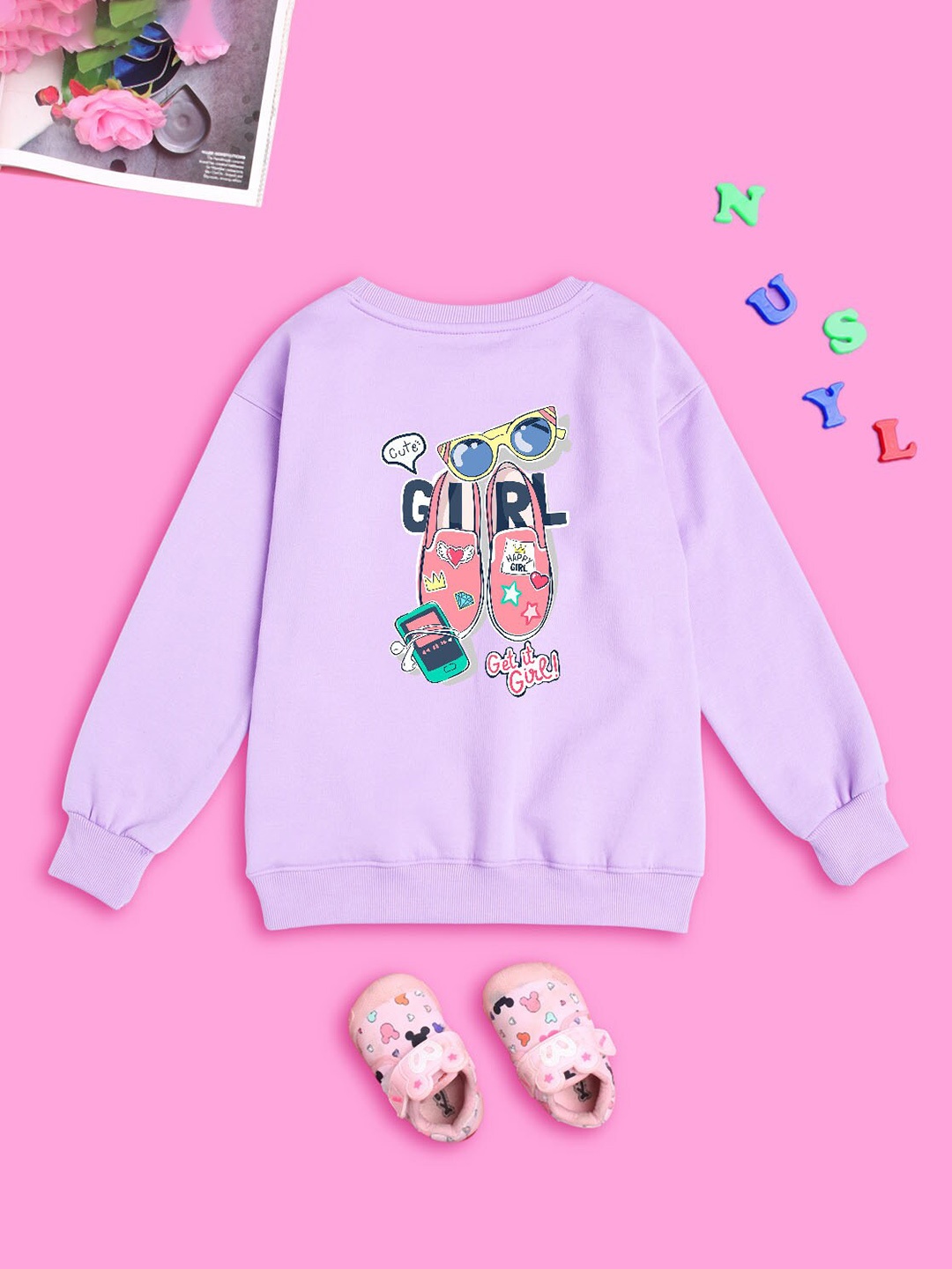 

NUSYL Girls Printed Oversized Sweatshirt, Purple