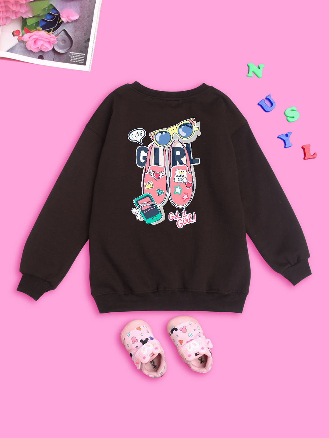 

NUSYL Girls Printed Oversized Sweatshirt, Brown