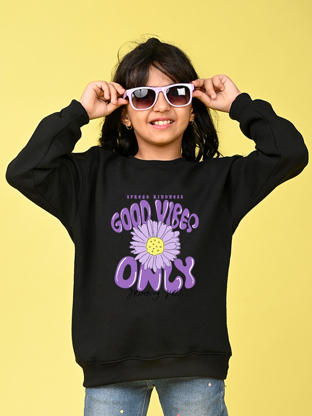 

NUSYL Girls Typographic Printed Oversized Fleece Sweatshirt, Black