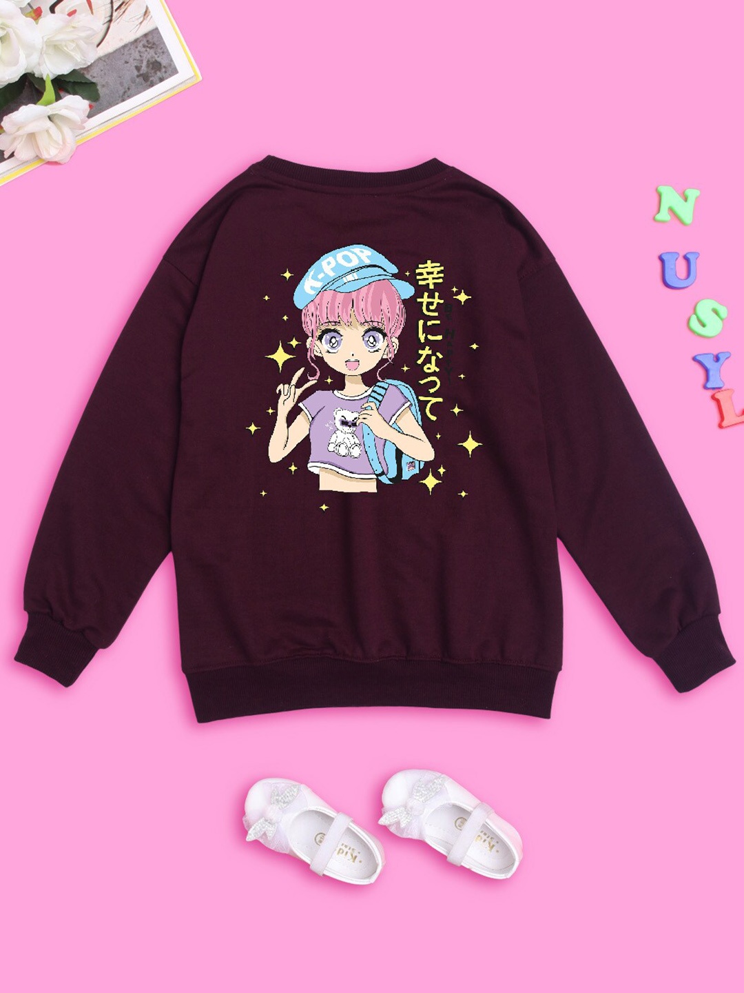 

NUSYL Girls Graphic Printed Oversized Fleece Pullover, Burgundy