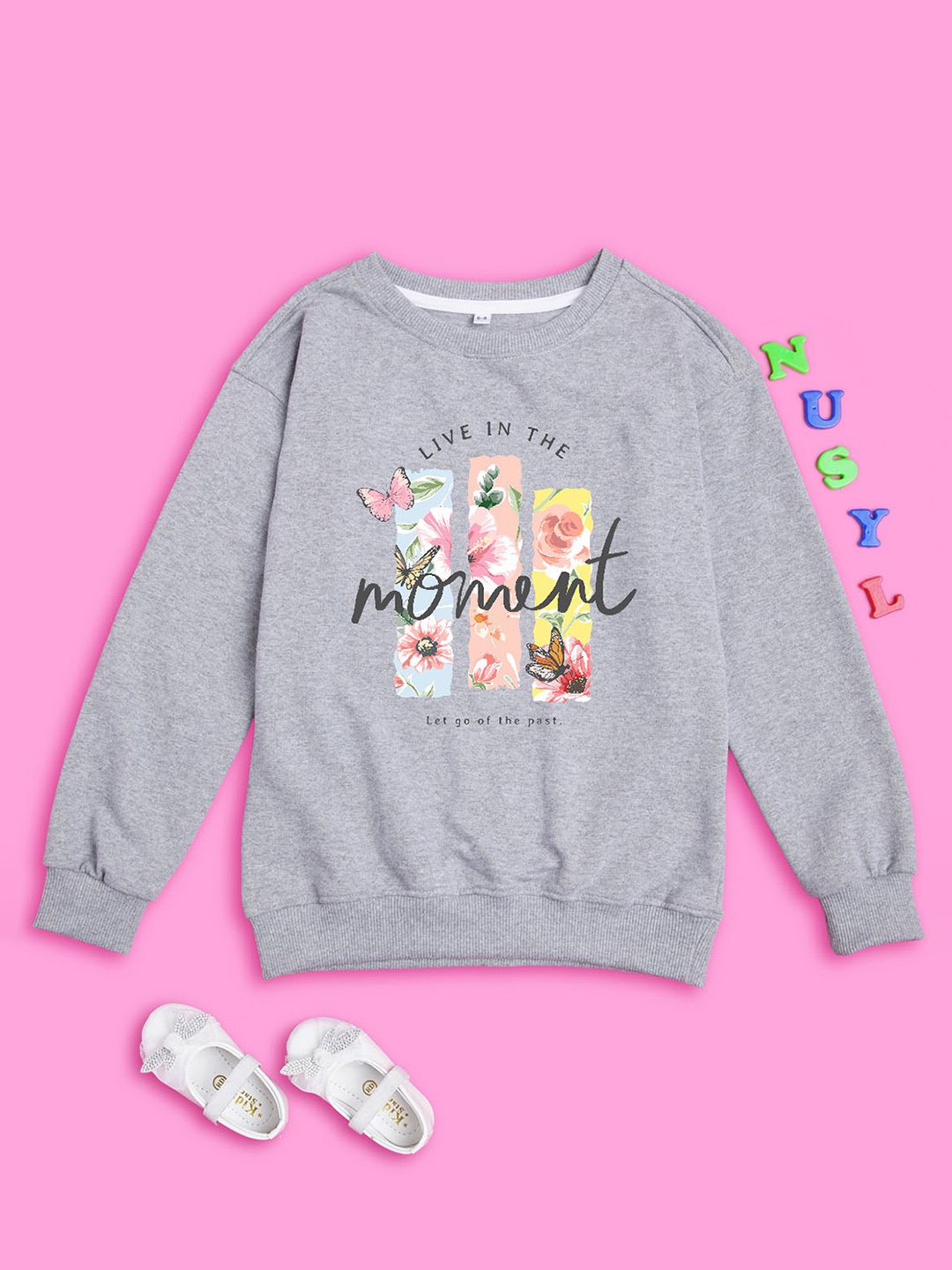 

NUSYL Girls Typography Printed Oversized Fleece Sweatshirt, Grey