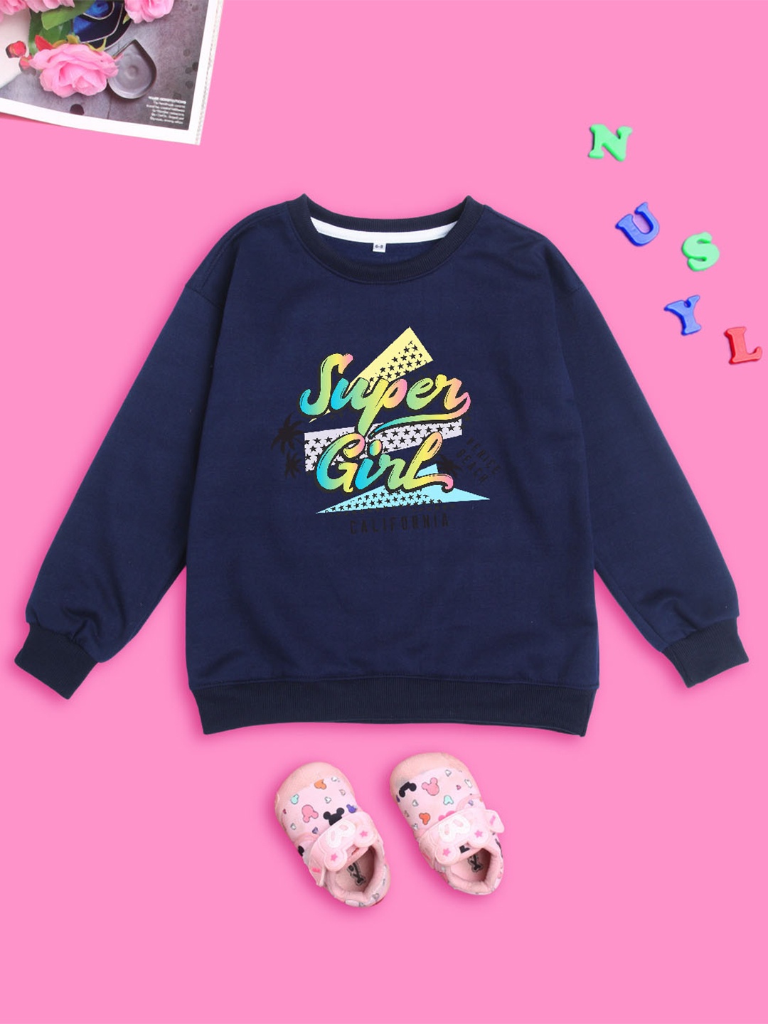 

NUSYL Girls Tyopography Printed Oversized Fleece Sweatshirt, Blue