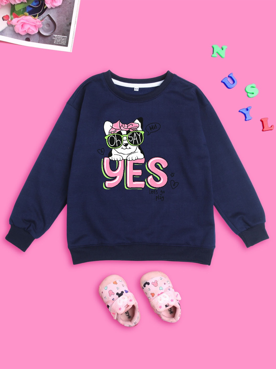 

NUSYL Girls Dog Printed Fleece Pullover Oversized Sweatshirt, Blue