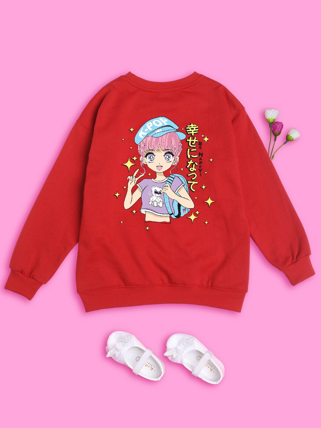 

NUSYL Girls Graphic Printed Oversized Fleece Sweatshirt, Red