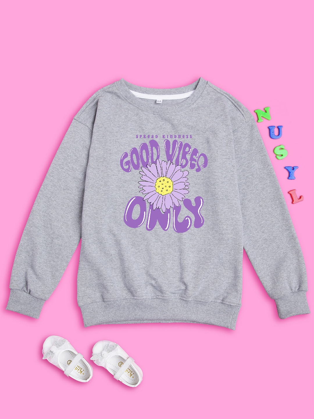 

NUSYL Girls Typography Printed Sweatshirt, Grey