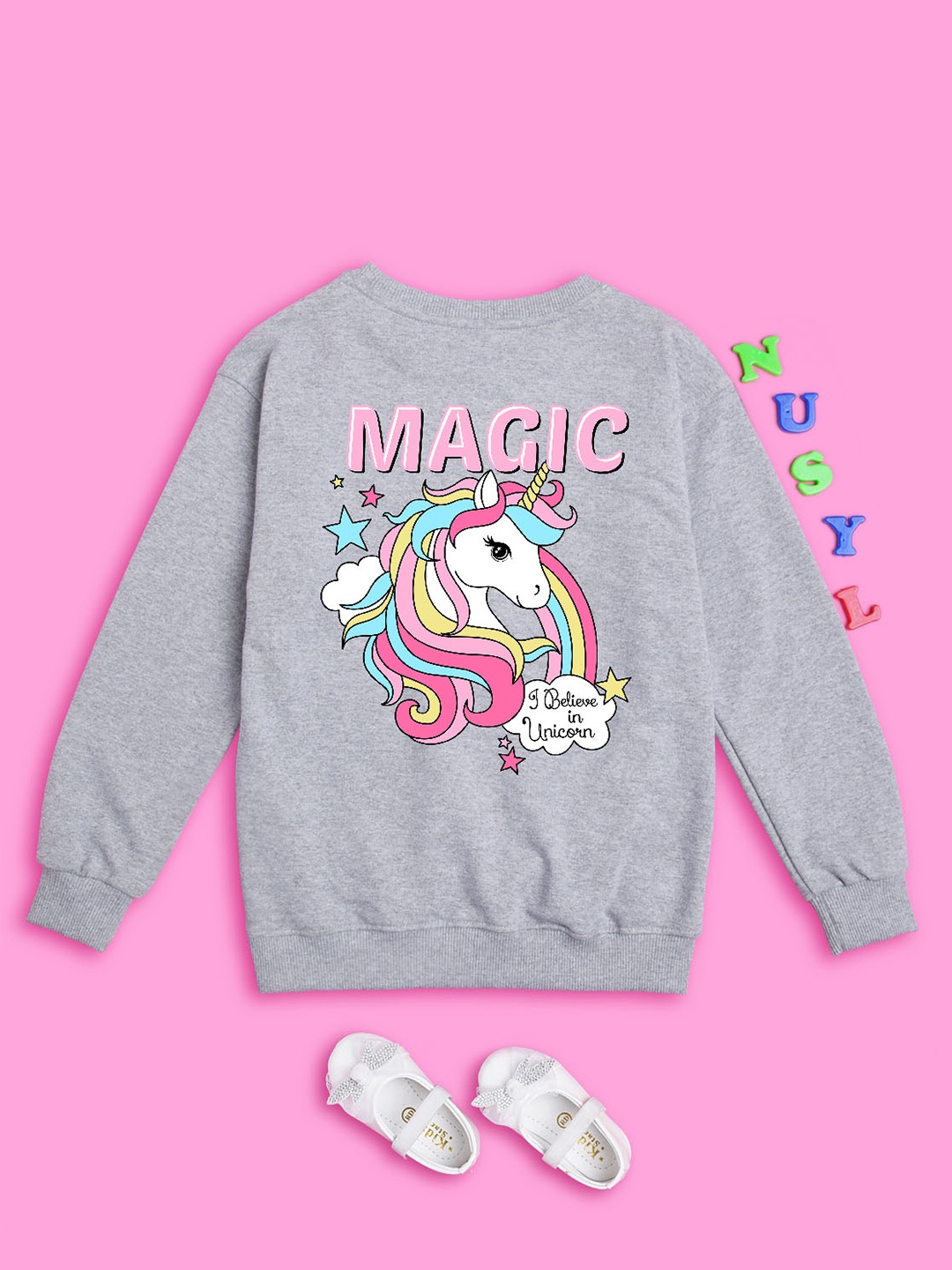 

NUSYL Girls Printed Oversized Fleece Sweatshirt, Grey