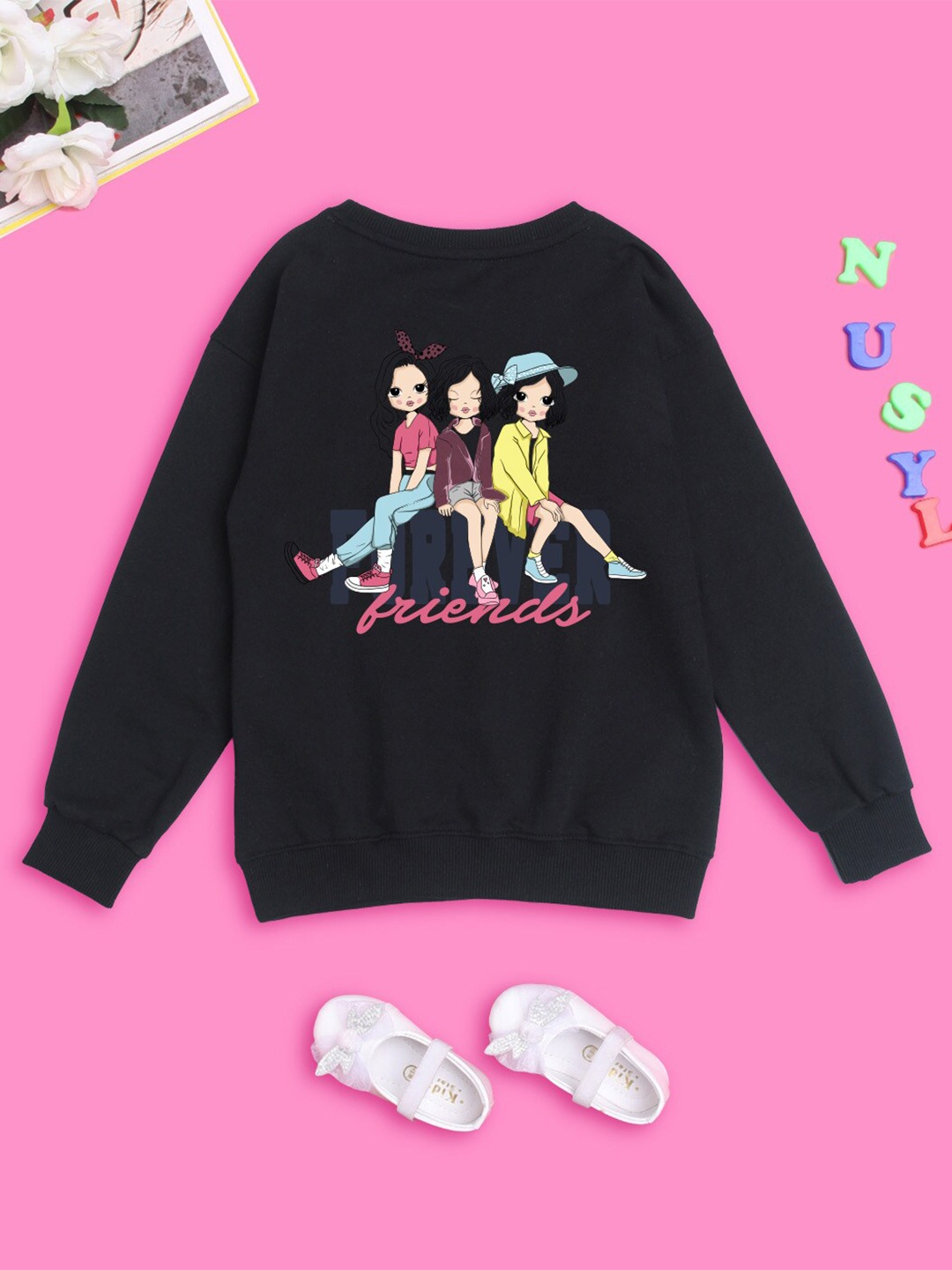 

NUSYL Girls Typography Printed Round Neck Oversized Sweatshirt, Black