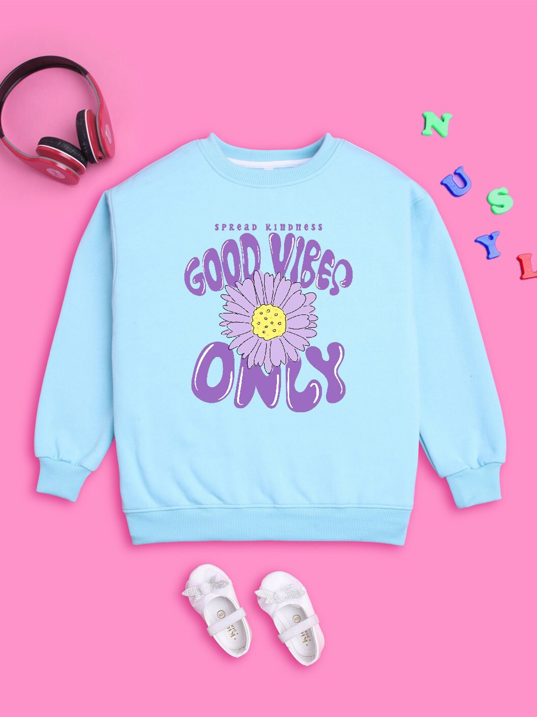 

NUSYL Girls Typography Printed Long Sleeves Oversized Fleece Pullover, Blue