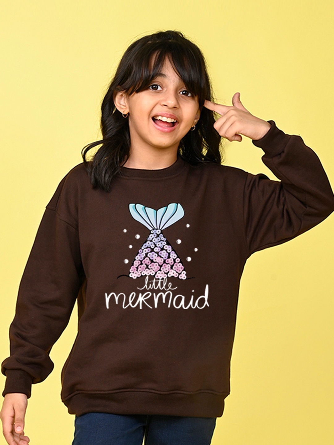 

NUSYL Girls Mermaid Printed Oversized Fleece Sweatshirt, Brown