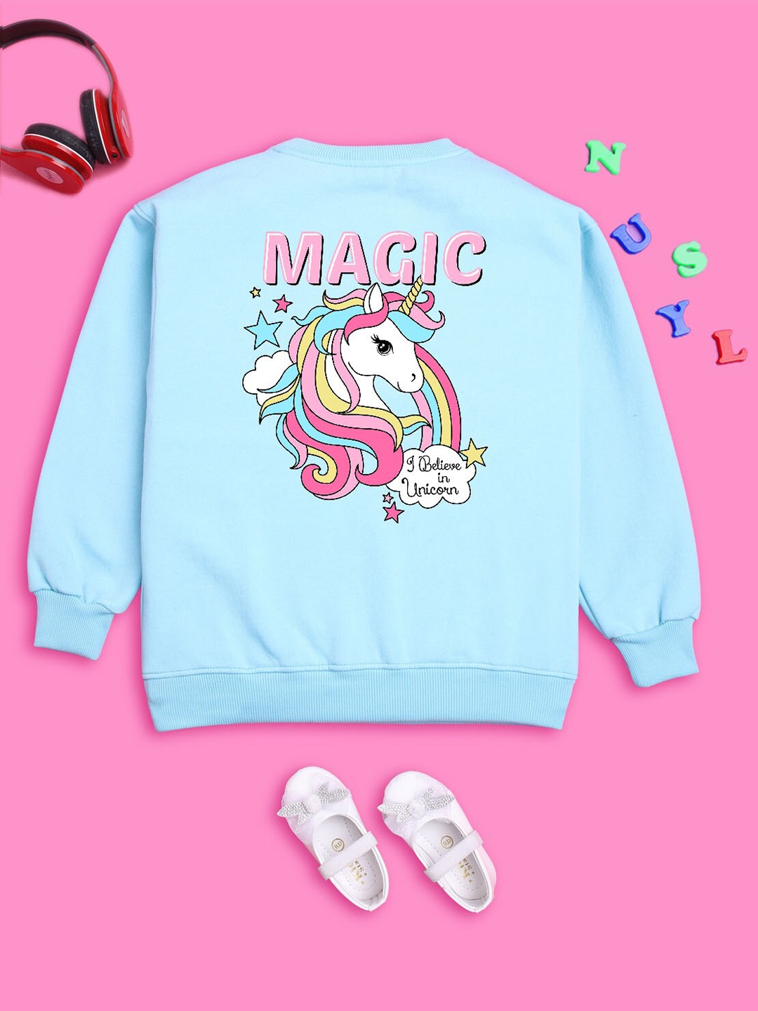 

NUSYL Girls Typography Printed Sweatshirt, Blue