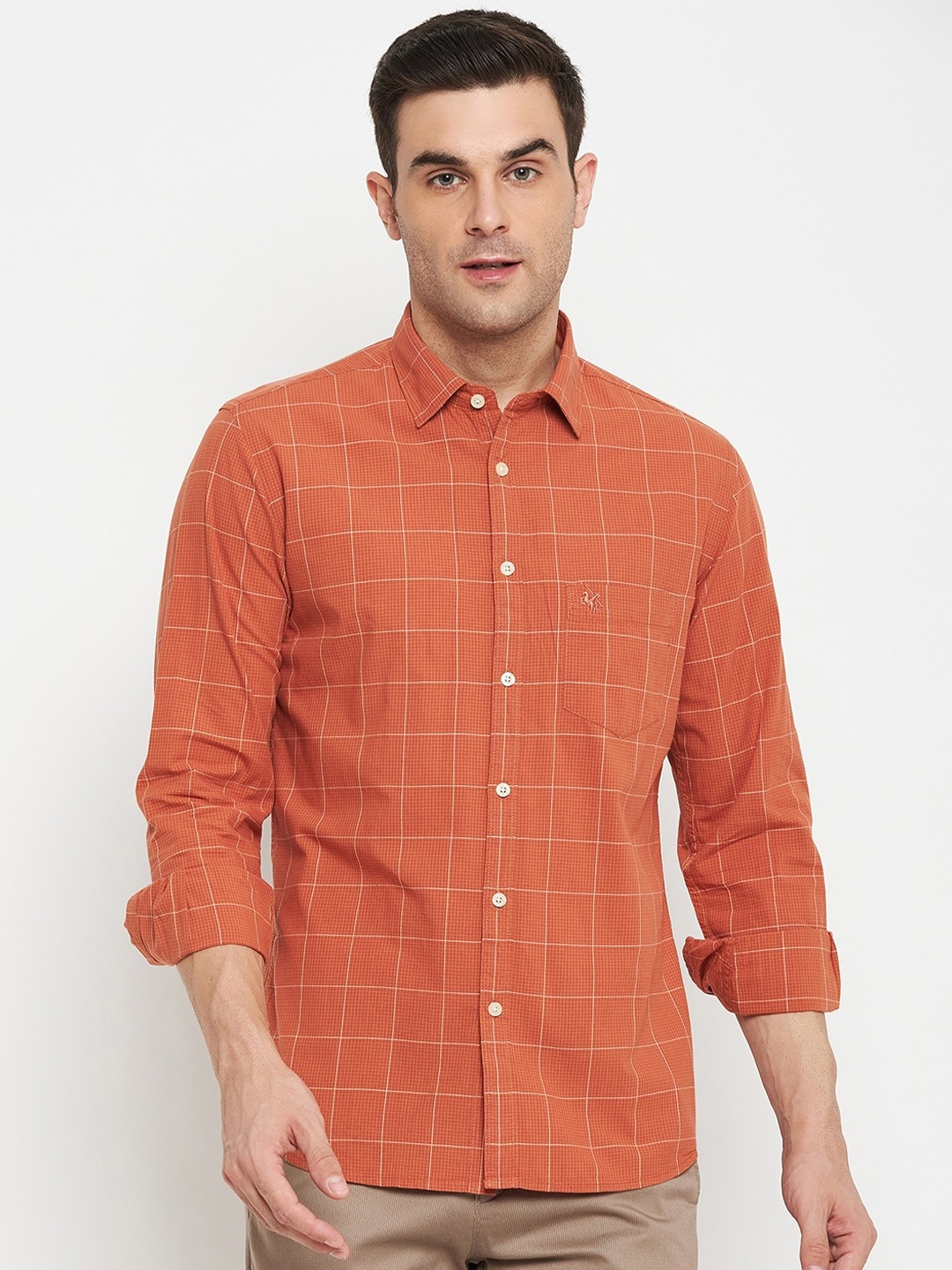 

Cantabil Comfort Windowpane Checks Spread Colla Cotton Casual Shirt, Rust