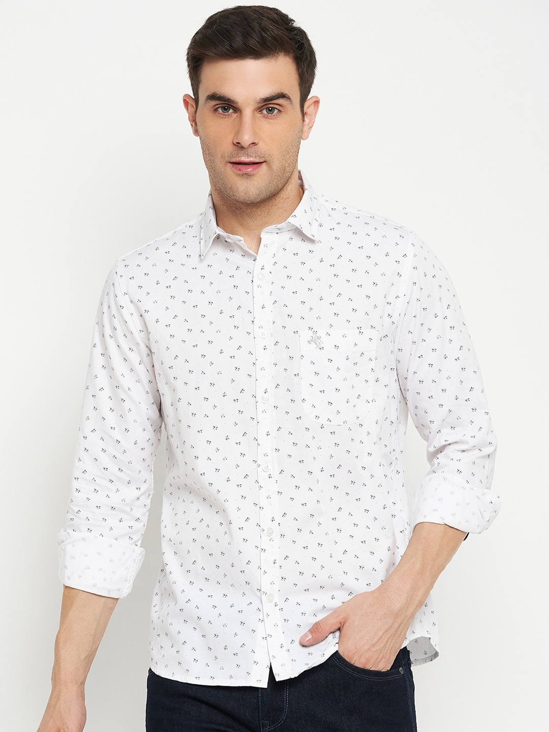 

Cantabil Comfort Floral Printed Spread Collar Cotton Casual Shirt, White