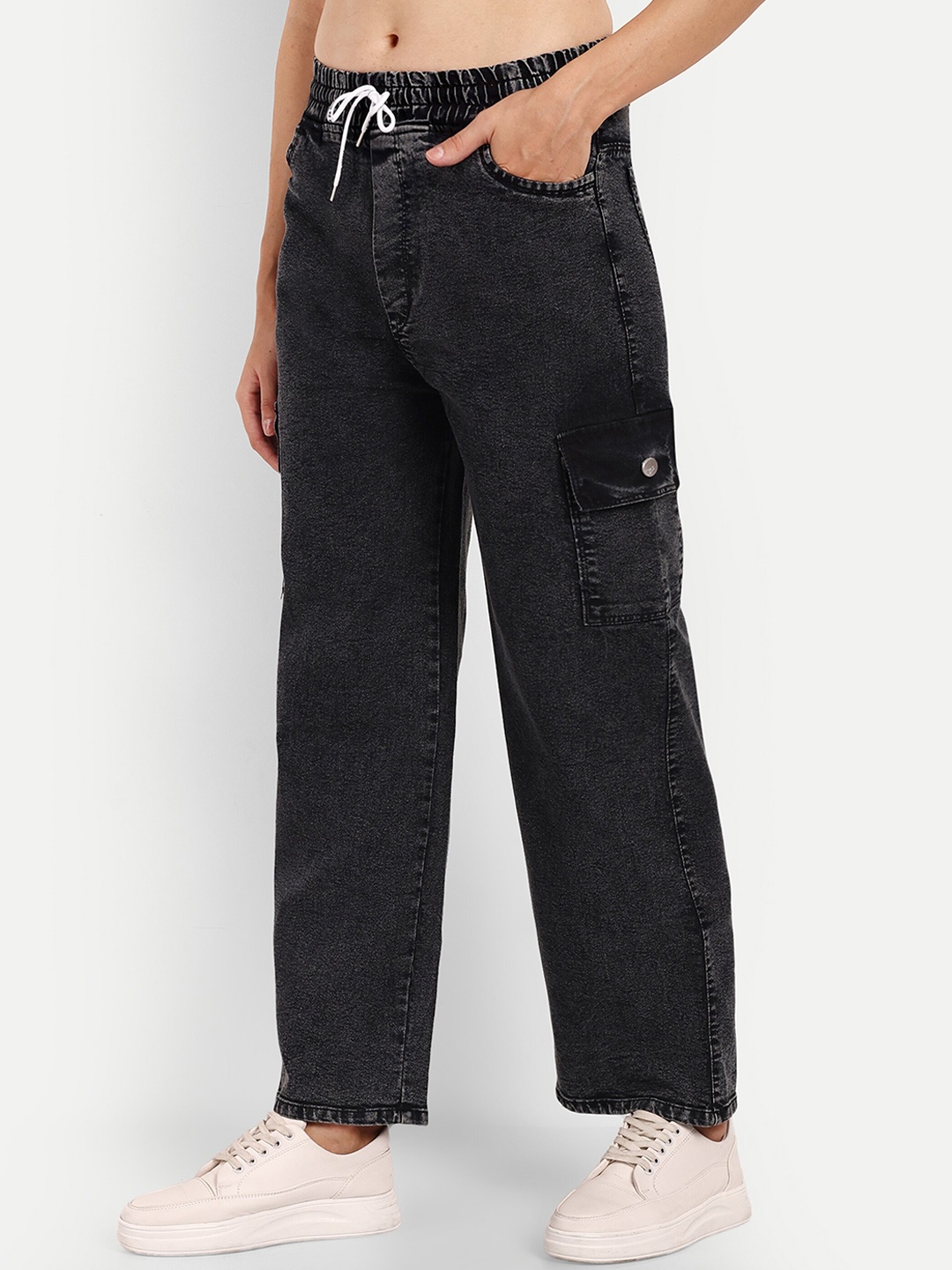 

BROADSTAR Women Smart Wide Leg High-Rise Stretchable Denim Cargo, Black