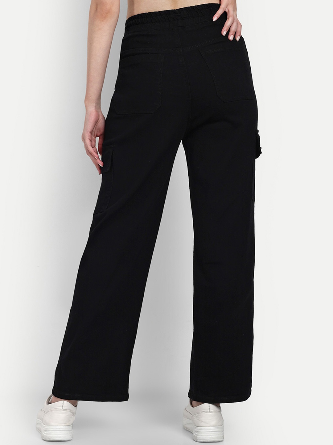

BROADSTAR Women Smart Wide Leg High-Rise Stretchable Cargo Jeans, Black