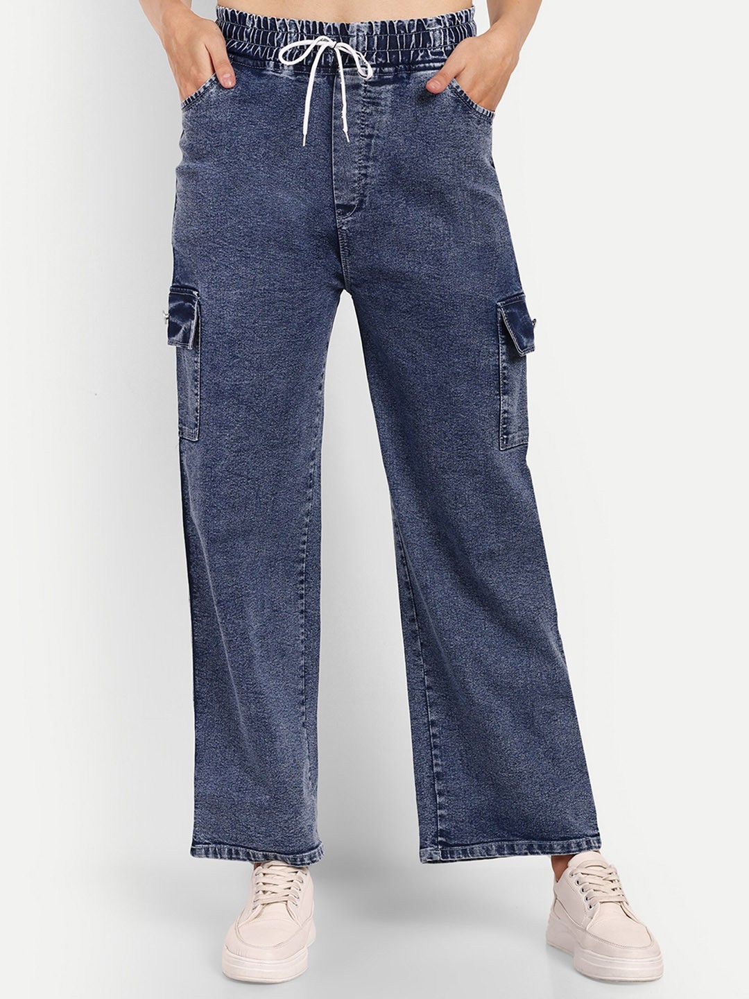 

BROADSTAR Women Smart Wide Leg High-Rise Stretchable Cargo Jeans, Blue