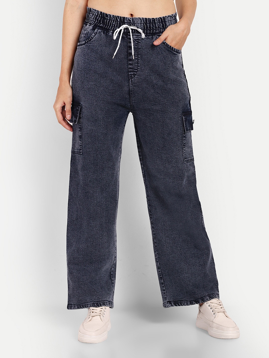 

BROADSTAR Women Smart Wide Leg High-Rise Stretchable Cargo Jeans, Navy blue