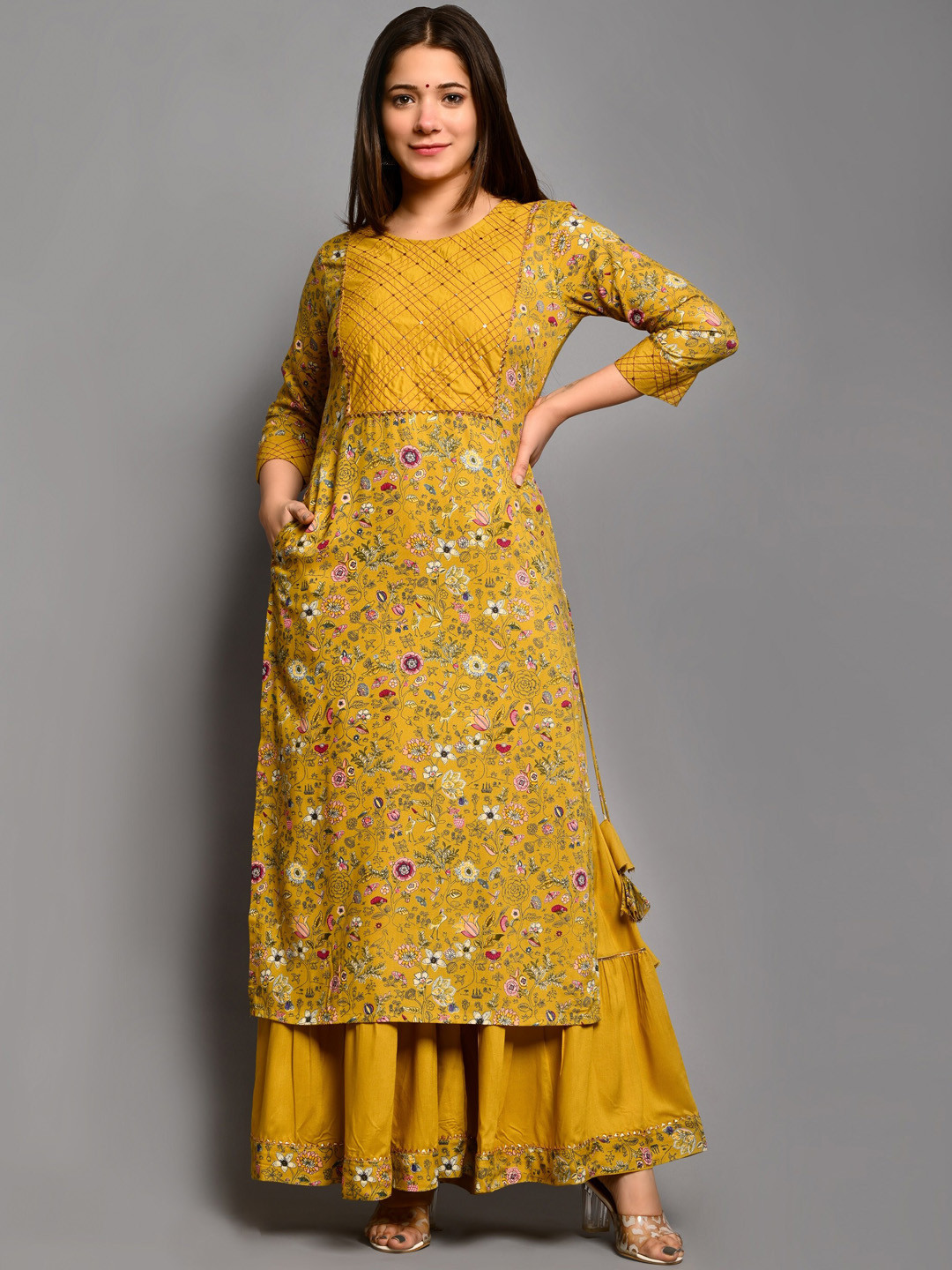 

PUKHYA Floral Printed Gotta Patti Detailed Straight Kurta With Sharara, Yellow