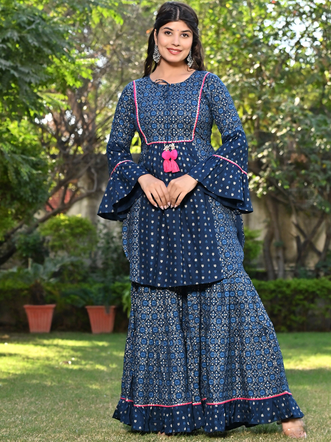 

PUKHYA Ethnic Motifs Printed Tie-Up Neck Gotta Patti Detailed A-Line Kurta With Sharara, Navy blue