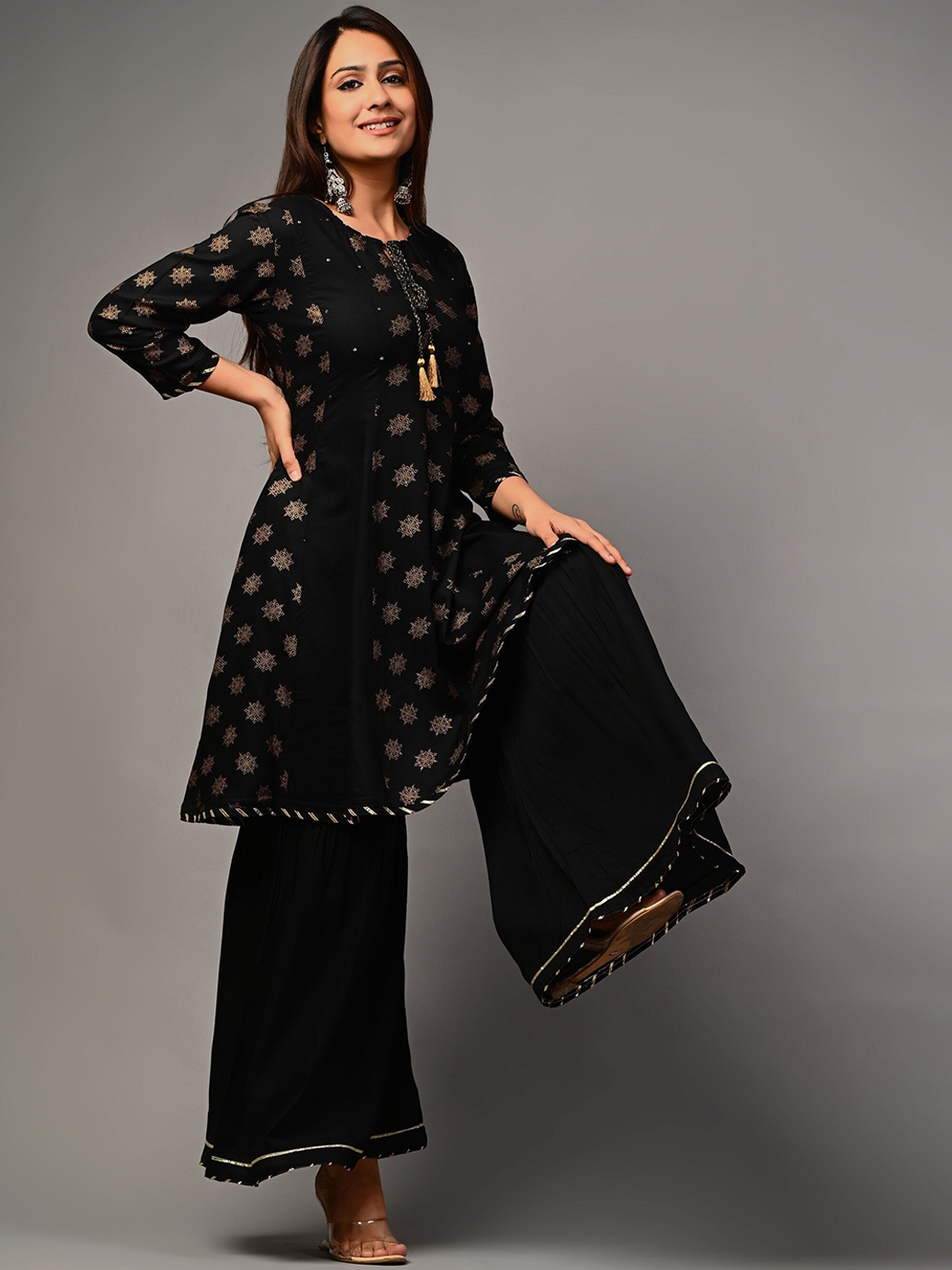 

PUKHYA Ethnic Motifs Printed Gotta Patti Detailed A-Line Kurta With Sharara, Black