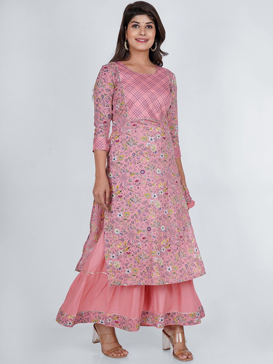 

PUKHYA Floral Printed Gotta Patti Detailed Straight Kurta With Sharara, Pink