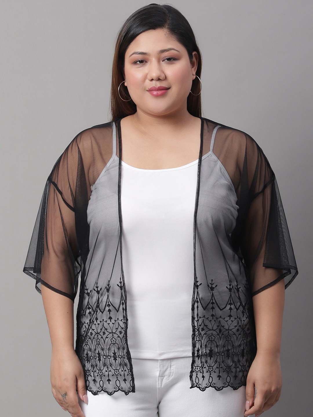 

Rute Plus Size Self Design Longline Open Front Shrug, Black