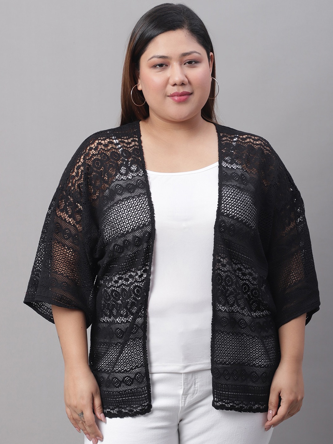 

Rute Plus Size Self Design Longline Open Front Shrug, Black