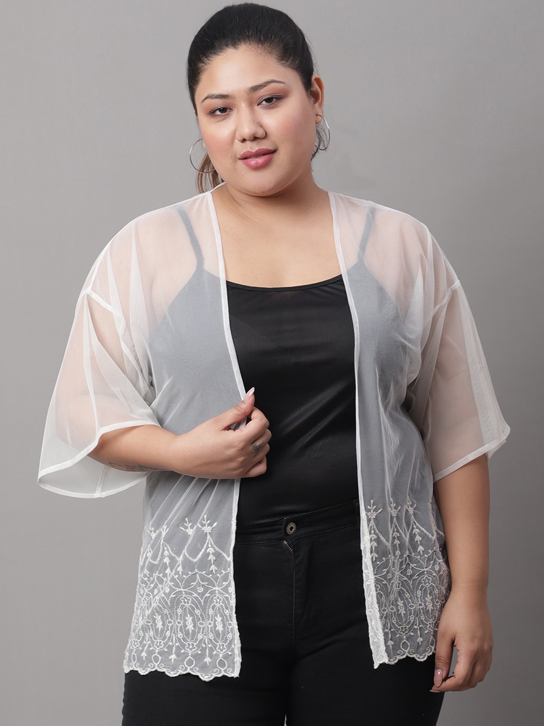 

Rute Plus Size Self Design Longline Open Front Shrug, White