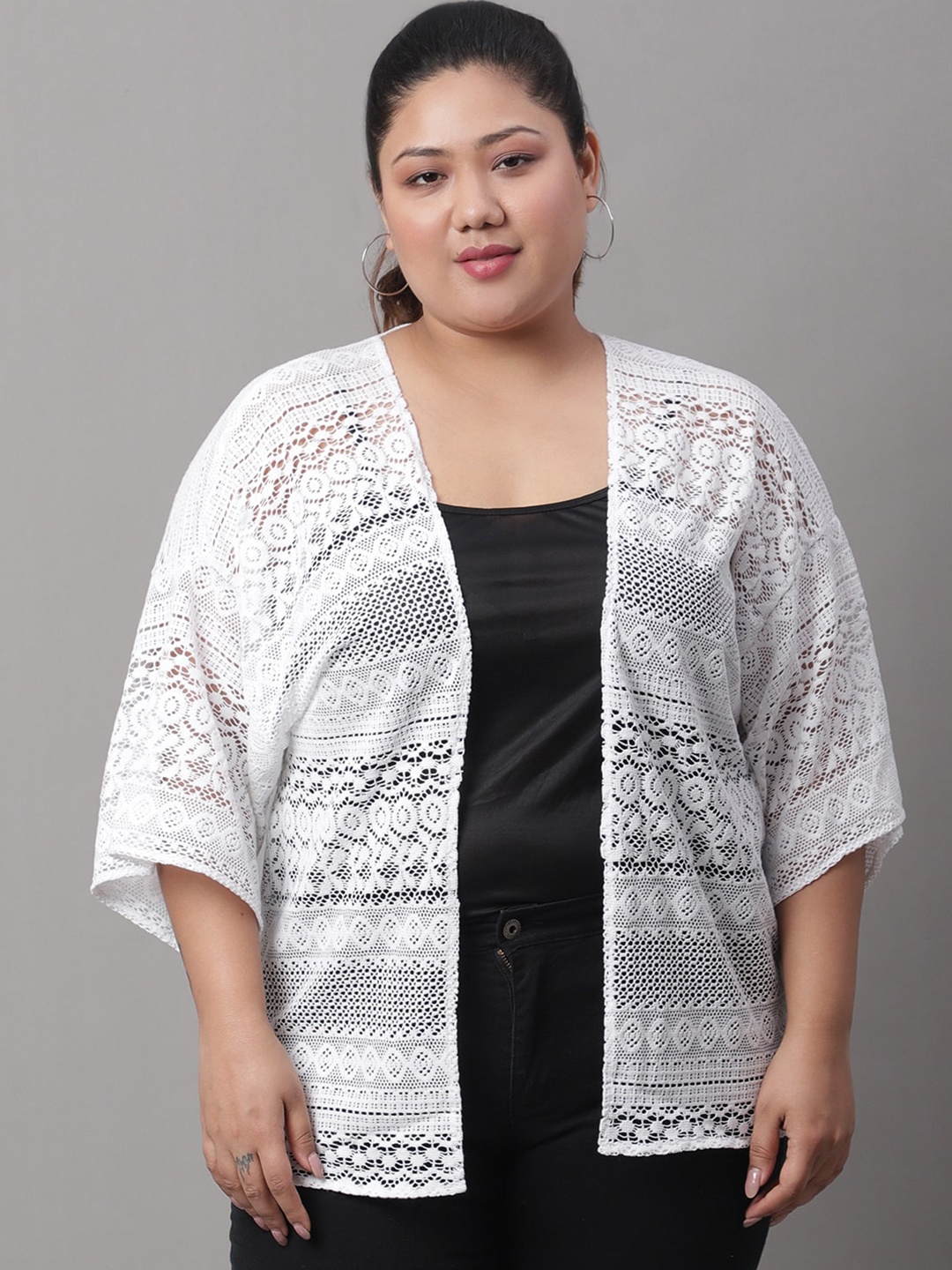 

Rute Plus Size Self Design Open Front Shrug, White