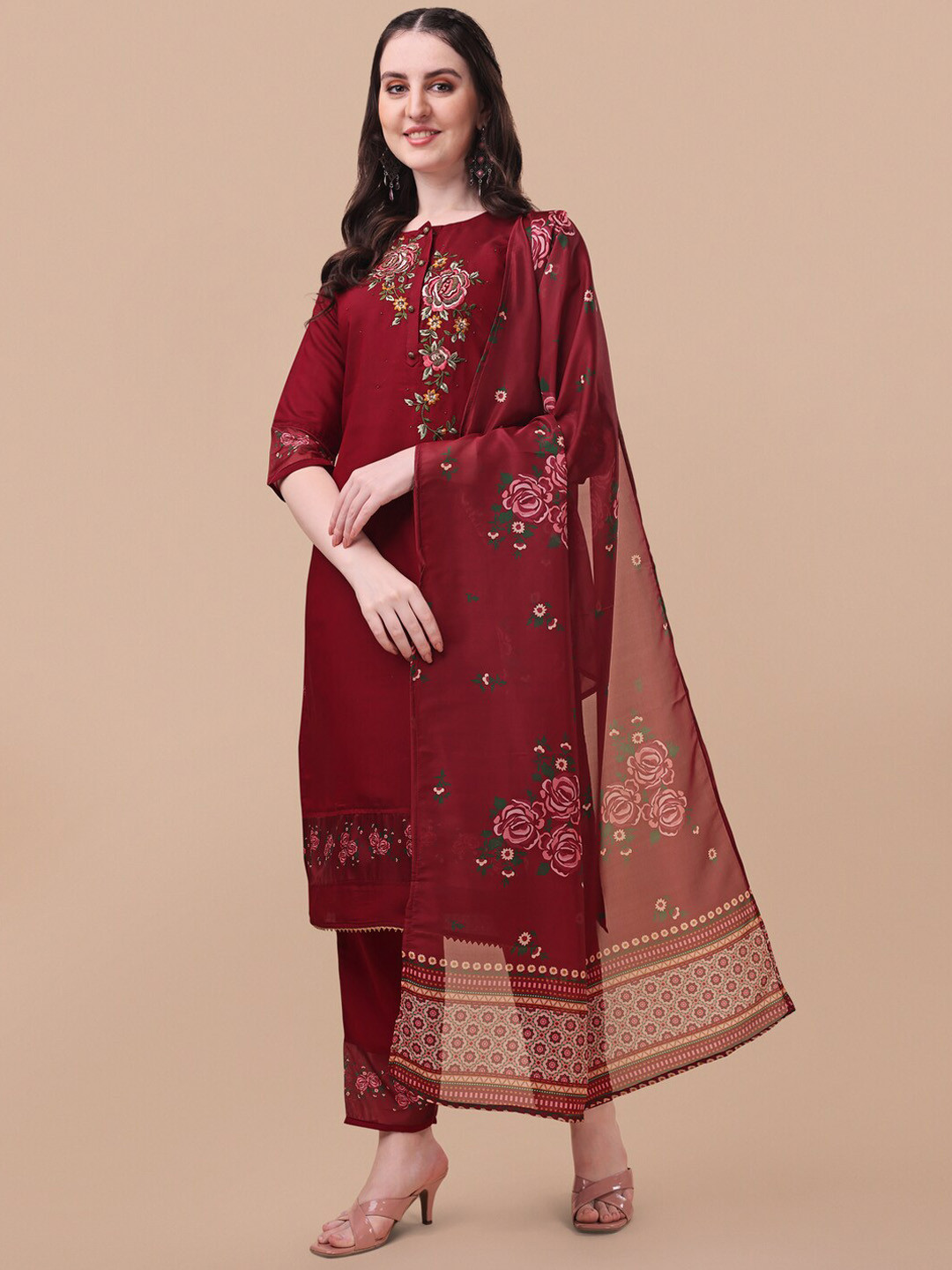 

KALINI Floral Embroidered Chanderi Cotton Kurta with Trousers & With Dupatta, Maroon