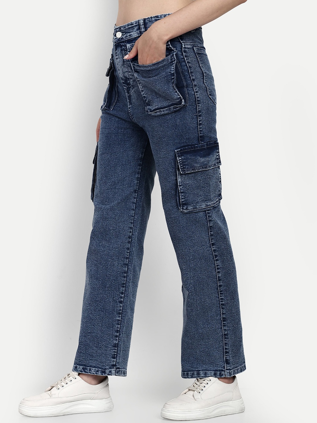 

Next One Women Smart Wide Leg High-Rise Clean Look Stretchable Cargo Jeans, Blue