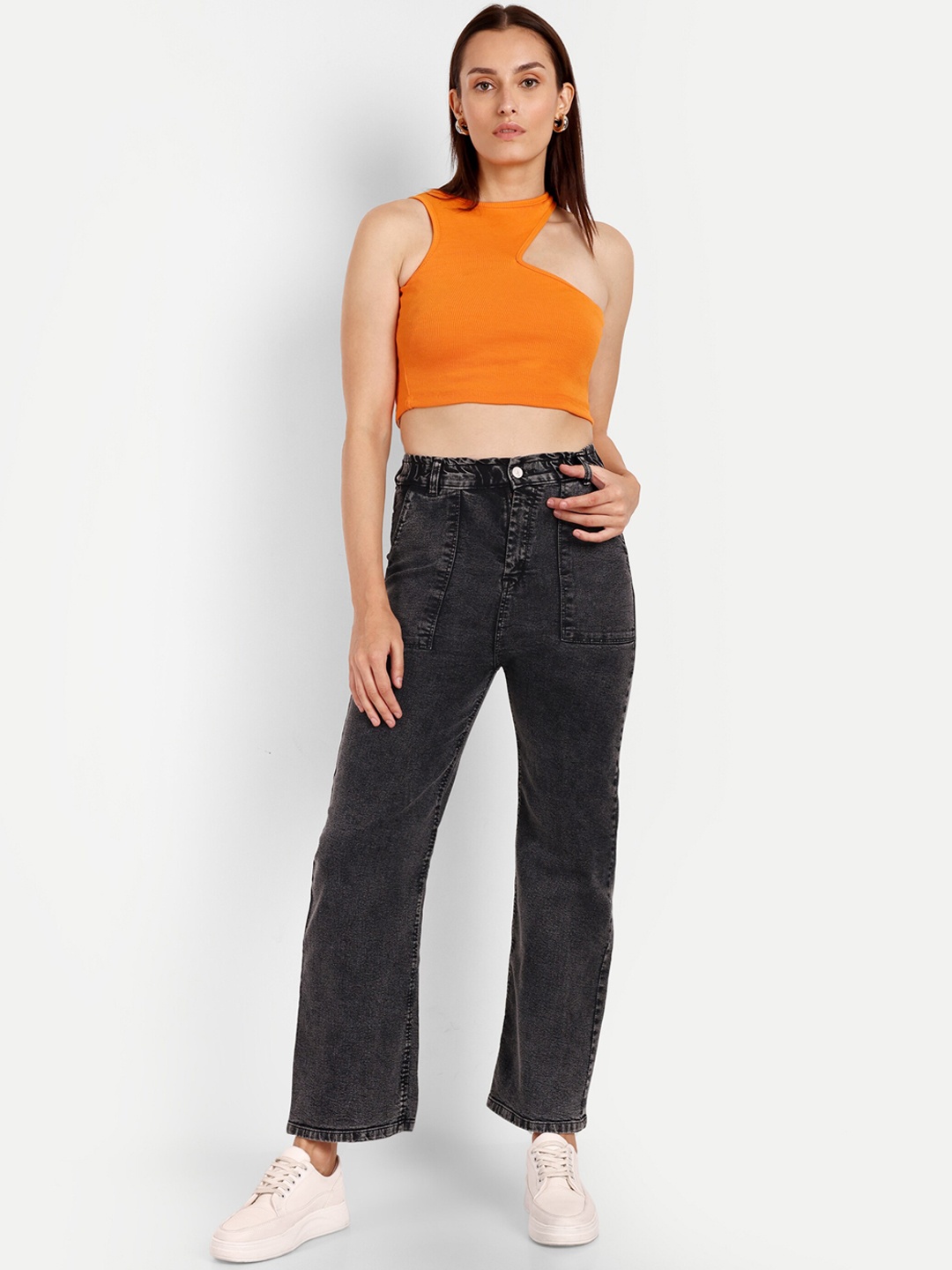 

Next One Women Smart Wide Leg High-Rise Stretchable Cotton Jeans, Black