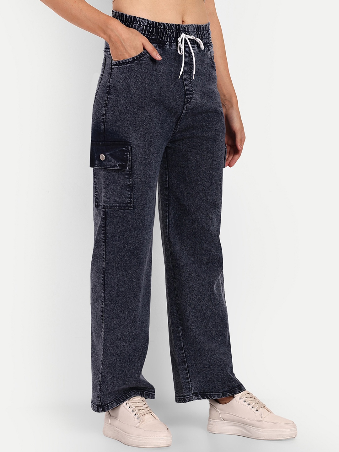 

Next One Women Smart Wide Leg High-Rise Clean Look Stretchable Cargo Jeans, Navy blue