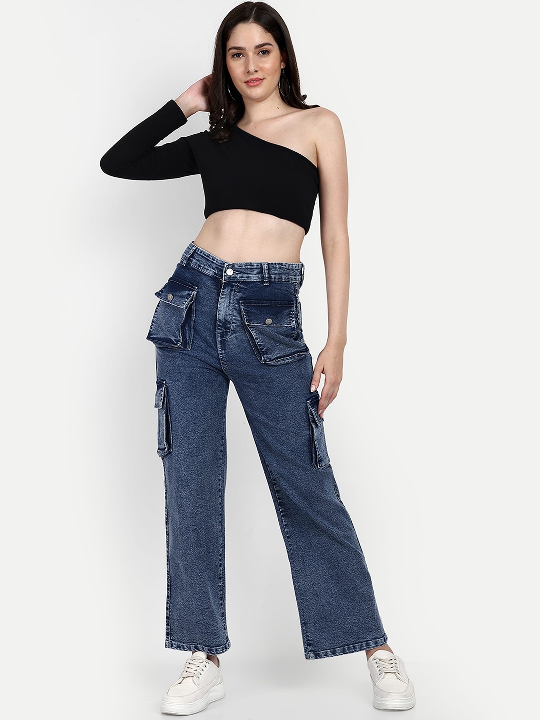 

Next One Women Smart Wide Leg High-Rise Clean Look Stretchable Cargo Jeans, Blue