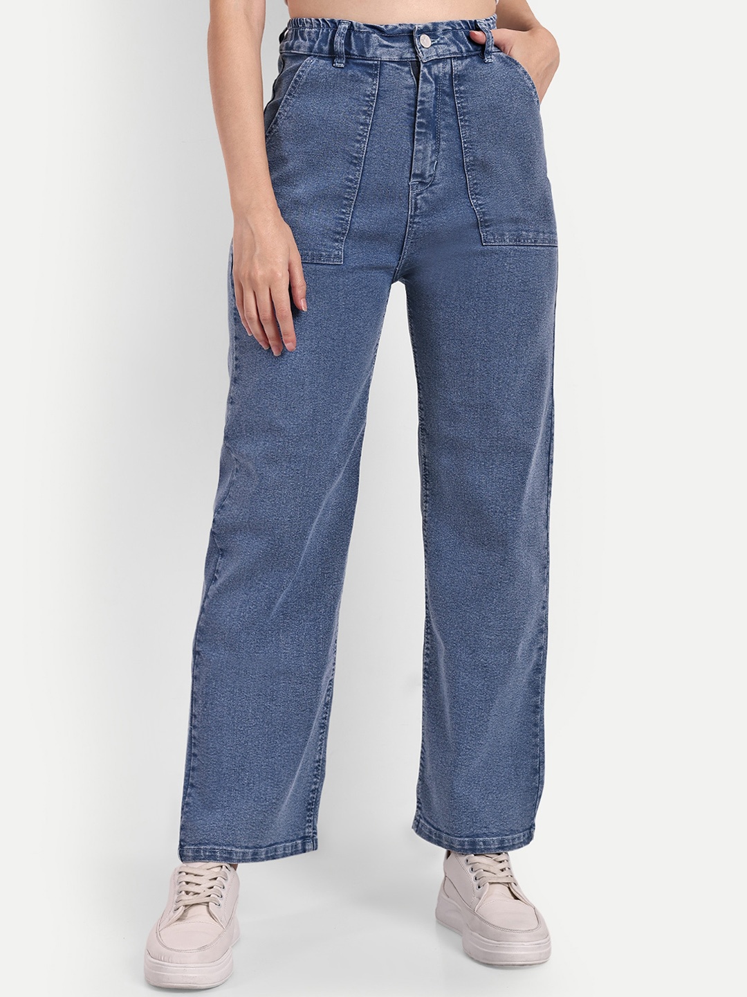 

Next One Women Smart Wide Leg High-Rise Low Distress Stretchable Jeans, Blue