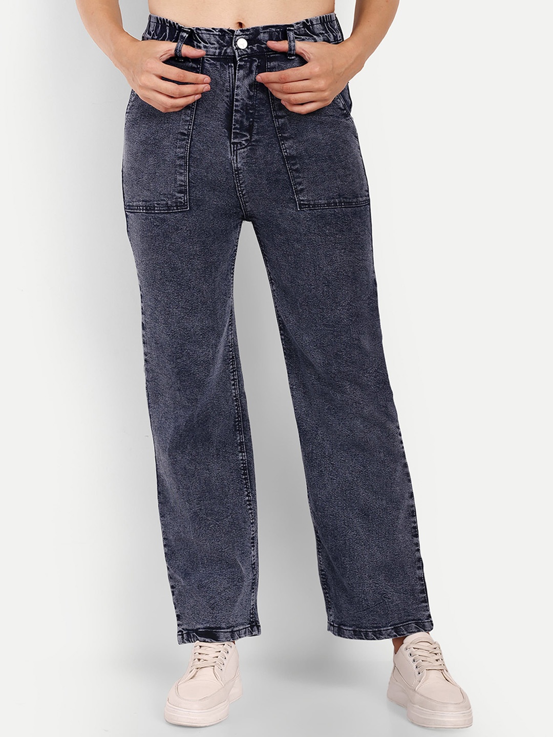 

Next One Women Smart Wide Leg High-Rise Heavy Fade Stretchable Jeans, Navy blue